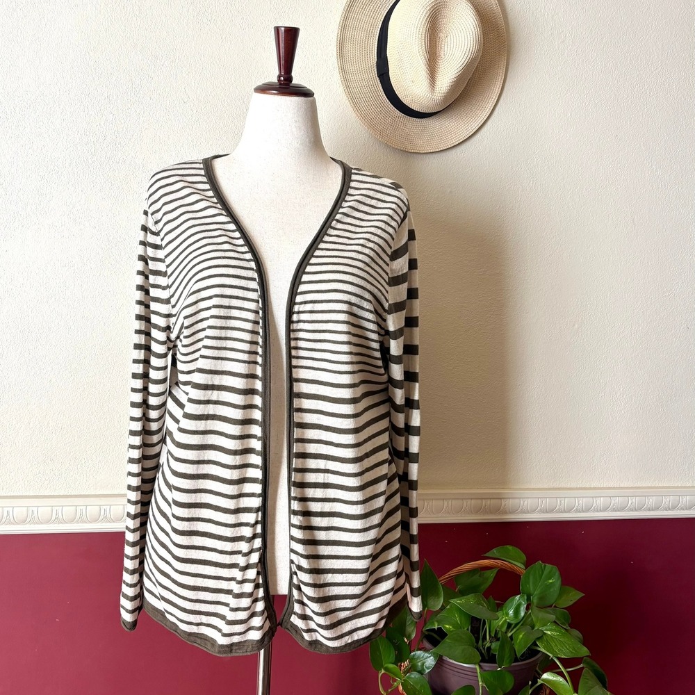 CJ Banks Open Cardigan 1X Olive Green White Stripe Linen Cotton Blend Sweater